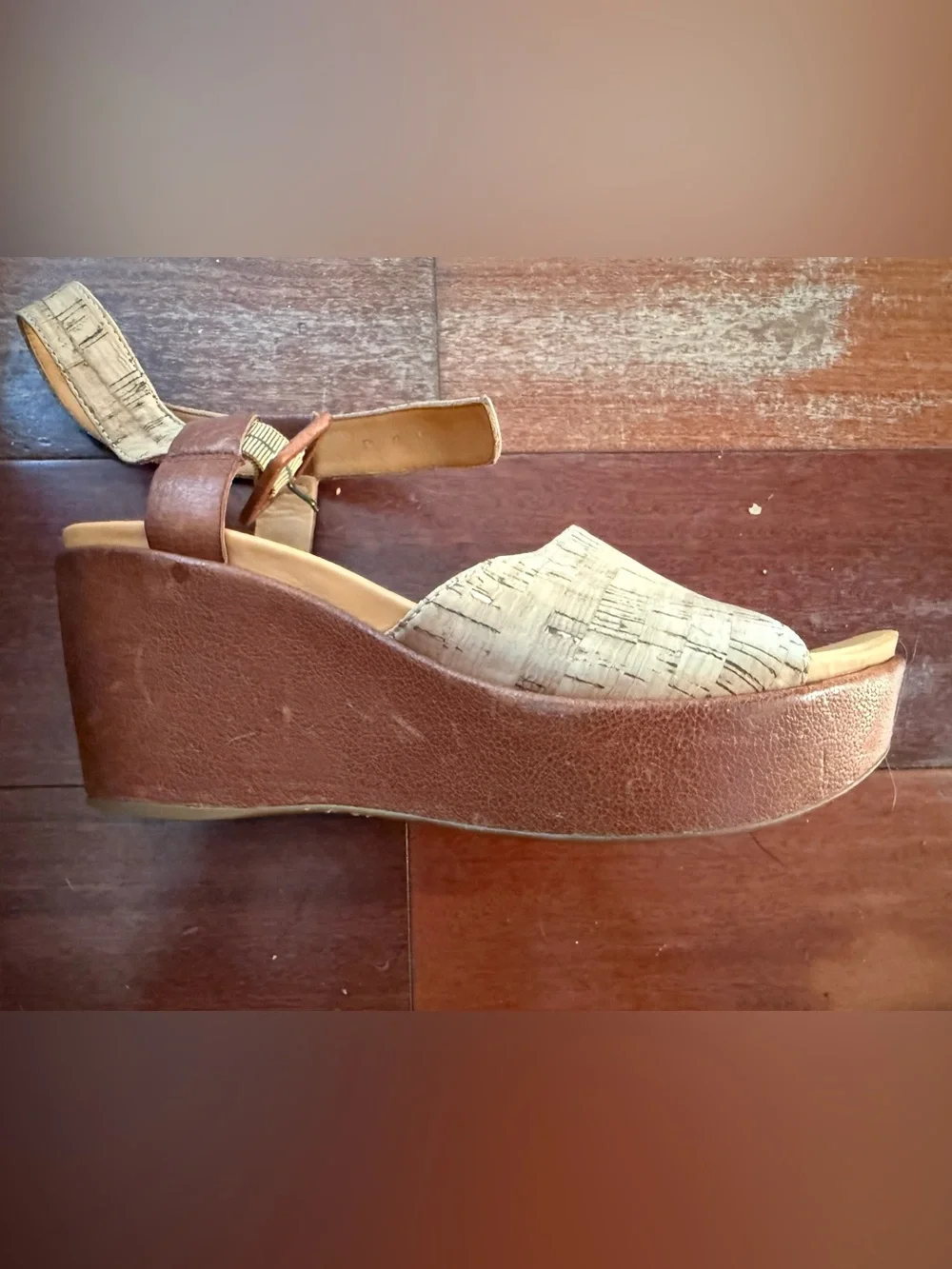 Kork-Ease Cork and Brown Leather Wedge Sandal